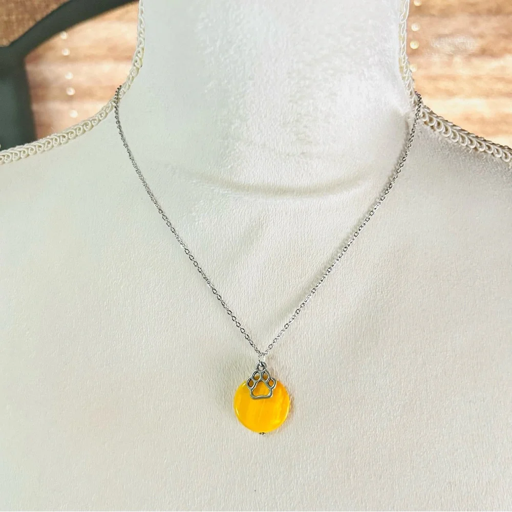 Handcrafted mustard yellow mother of pearl paw charm pendant on chain necklace